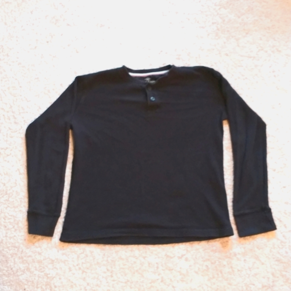 Long sleeve black cotton Shirt with button neck.